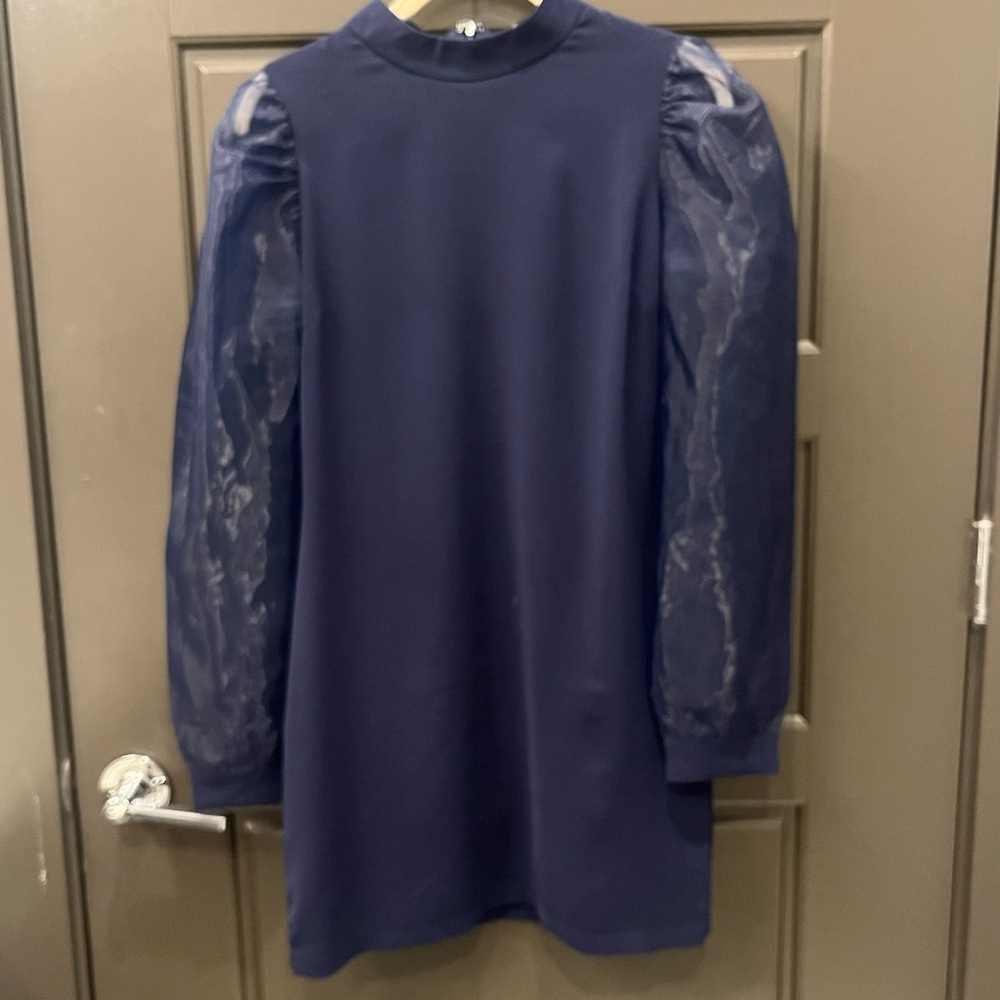Elegant Navy Blue mini Dress with sheer sleeves